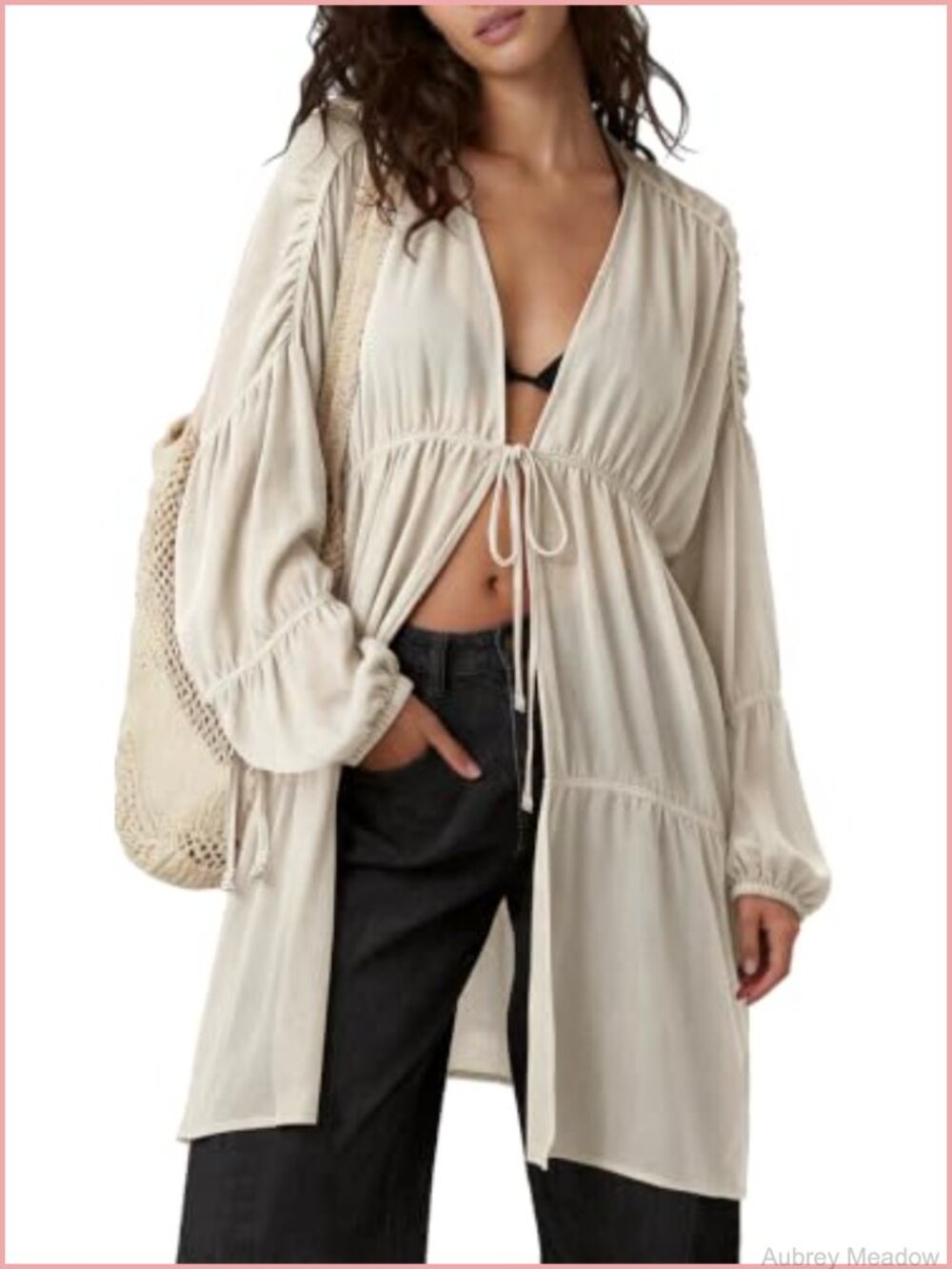 Linen Blend Slouchy Kimono Duster Tie Front Coverup with Pockets